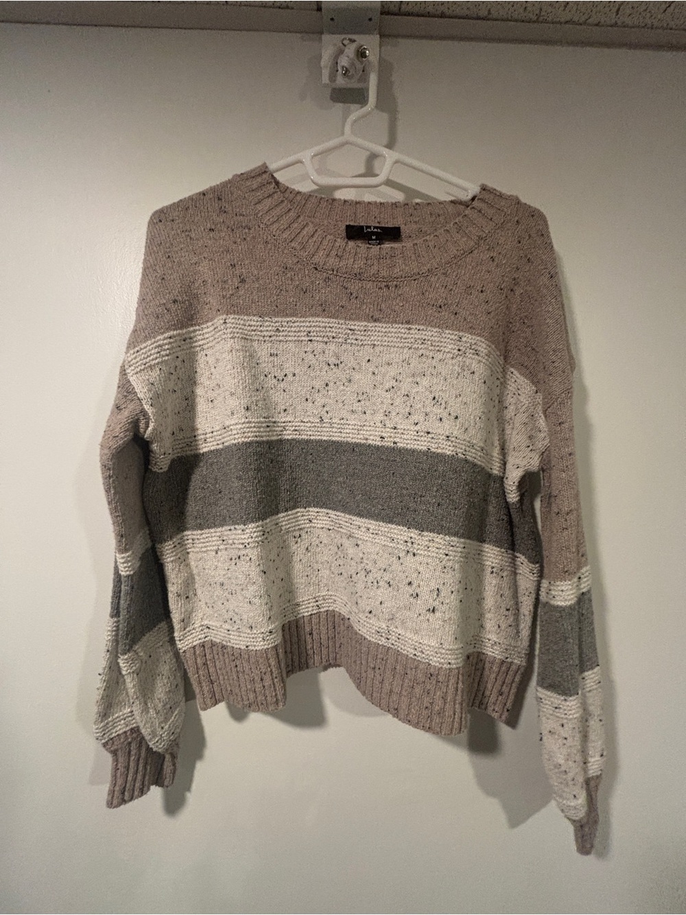 Lulus Snuggle Season Grey Multi Striped Balloon Sleeve Sweater